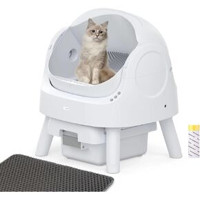 Self Cleaning Litter Box with Open-Top Design, Automatic Cat Litter Box with Liners and Mat Included, White