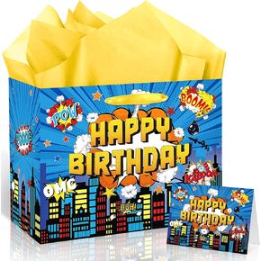 Hero Gift Bag Hero Birthday Themed Party Decorations Large Happy Birthday Gift Bag with Handle Red Wrapping Paper and Greeting Card Red Heros Favors Bags for Men Kids Baby Shower Party Decor Supplies