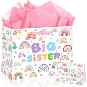 Big Sister Gift Bag for Girls, Cute Big Sister Gift Bag with Tissue Paper and Greeting Card Pink Wrapping Paper Cartoon Rainbow New Sister Party Decoration for Little Girl Birthday Party Supplies