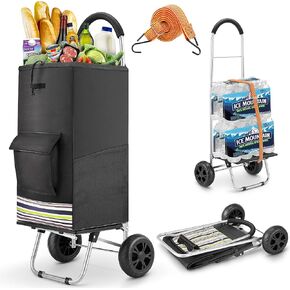 Shopping Cart, Super Loading Grocery Trolley, 220 lbs Capacity, Foldable Cart with Extra Large Black Shopping Bag Portable Grocery Utility Cart With Adjustable Bungee Cord