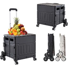Foldable Utility Cart with Stair Climbing Wheels, Collapsible Rolling Crate with Telescoping Handle (Black, 17.32×14.96×3.94)