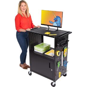 Line Leader Stellar AV Cart | Computer Cart with Pegboard Siding & 12 Hooks for Customizable Storage | Locking Cabinet & Pullout Keyboard Tray | UL Safety Certified Power Outlets | Locking Wheels 