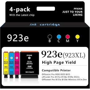 923e 923xl Ink Cartridges Combo 4-Pack with Chip Replacement for HP Ink 923e 923 for OfficeJet 8120e 8122e 8124e Pro 8135e 8138e 8139e 8130e 8132e(4pack)
