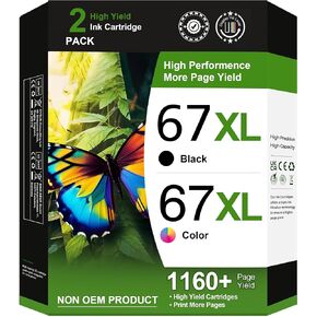67XL Ink Cartridges Black/Color Combo Pack Replacement for HP Ink 67 67XL Printer Ink Works for HP DeskJet 2755e 2700 2855e 2842e 2800 4155e 4255e 2755 2852e Envy 6055e 6000 6455e (1 Black, 1 Color)