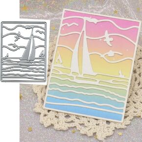 Sails Waves Frame Square Metal Die Cuts, Ocean Boat Seagulls Square Cutting Dies, Scrapbooking Decorative Embossing Paper Party Wedding Card Making