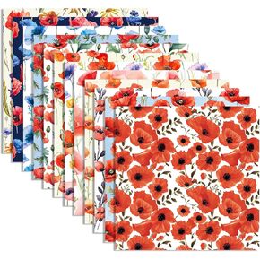 24 Sheets Poppy Floral Pattern Paper Poppy Flowers Scrapbook Paper - 11.8" x 11.8" Poppies Floral Patterned Double-Sided Decorative Craft Papers for Holiday Cardmaking DIY Origami Papers
