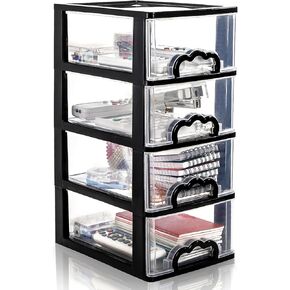 Desktop Organizer with 4 Drawers, Clear Plastic Storage Drawer Unit, Small Desk Organizer Storage Box, Durable Storage Bin Container Case for Countertop Stationery Pens Makeup Office Supplies
