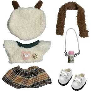 5-Piece Doll Clothes Set Compatible for 15cm 17cm Dolls - Cute Outfit Includes Shirt, Overalls, Headwear, Shoes, Mini Camera - Kawaii Fashion Accessories for 6.7in Dolls (No Doll Included)