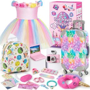 Golray American 18 Inch Doll Suitcase Travel Set - 18 Toy Doll Accessories and Clothes with Luggage & Rainbow Dress & Backpack & Pillow & Sunglasses & Camera, Christmas Birthday Gift Girls Aged 3-8