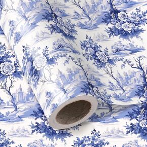 WRAPAHOLIC Blue White Floral Wrapping Paper - Mini Roll - 17 Inch x 16.5 Feet - Vintage Blue Toile De Jouy Flower Wrapping Paper Perfect for Wedding, Birthday, Bridal Shower, Tea Party