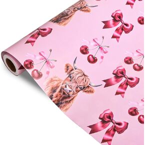 Dtiafu Reversible Pink Bow Wrapping Paper for Girls Women - Highland Cow, Cherry & Pink Polka Dot Gift Wrap for Birthday Wedding Baby Shower Holiday Party - 17 Inch x 20 feet(Total 28.5sq.ft)