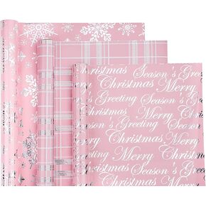 WRAPAHOLIC Christmas Wrapping Paper Roll - Mini Roll - 3 Rolls - 17 Inch X 120 Inch Per Roll - Pink with Silver Metallic Foil Snowflake, Plaid, Merry Christmas Lettering