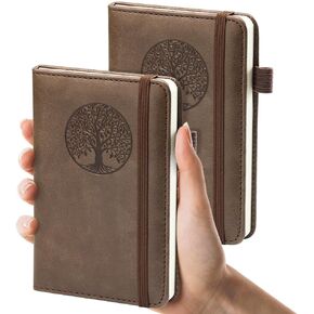 Small Pocket Notebook, Leather Journal Mini (Wood) - 2 Pack 3.7" x 5.7" Notepad Notebooks for Work, School & Travel