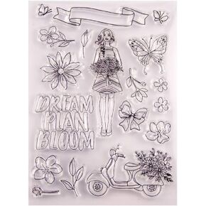 Butterfly Girl with Flower Clear Stamps for Card Making or Journaling, Bicycle Bowtie Transparent Silicone Stamps for Journals Scrapbooking Album Decoration