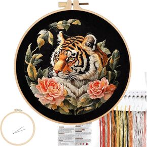 FONNUY Tiger Floral Embroidery Kit, Cross Stitch Kits for Beginners, Handmade Crafts with Printed Patterns for Beginner Adults, Easy to Follow Color Thread Needlework, 8'' Hoop