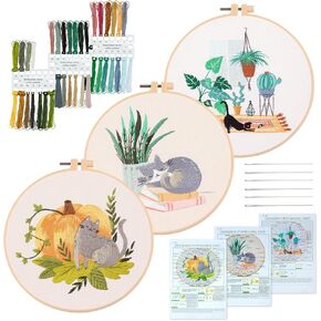 XM-GENYUE 3 Sets Cute Cat Embroidery Starters Kit with Pattern for Beginners, Full Range of Stamped Cat and Flower Cross Stitch Kit Set with Embroidery Hoop Cloth Thread Needlepoint Kit