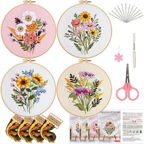 4 Pack Embroidery Kit for Beginners,Adults DIY Starter Kit,Cross Stitching Kits with Flower Stamped Patterns,Hoop,Tools,Colorful Threads with Needles,Step by Step Instructions,Hand Craft Lover Gift