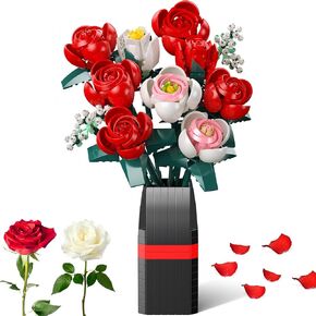 Flowers Bouquet Building Block, 841Pcs Roses Building Set with Vase, Home Office Creative Decoration, Valentine Day, Birthday, Christmas Ideal Gift for Kids, Adults