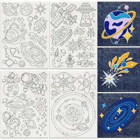 47Pcs Sun Stars Moon 4 Sheets Water Soluble Embroidery Pattern Stabilizers, Stick and Stitch Embroidery Stickers, Hand Sewing DIY Sun Stars Moon Embroidery Papers