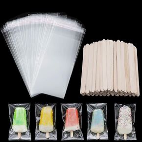 Boao 200 Pieces Ice Cream Sticks and Bags Set Included 100 Pcs Self Adhesive Ice Cream Bag 100 Pcs Disposable Wooden Sticks Craft Stick for DIY Making Supply(4.49 Inch, 8.27 x 3.15 Inch)