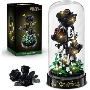 Flower Bouquet Building Set with LED Lights - 310 PCS Black Rose Building Blocks Kit with Cover, Mini Bricks Flowers Botanical Collection Valentine's Day Gift for Girls Adult Women Home Decor