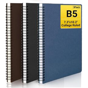 EUSOAR Spiral Notebook, B5 3 Pack 7.3"x10.2" 120 Pages Hardcover Kraft Lined College Ruled Travel Writing Notebooks Journal, Memo Notepad Sketchbook, Students Office Business Subject Diary Journal