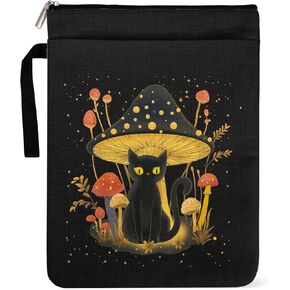 Mushroom Book Sleeve for Book Lovers, Black Cat Decor Gifts for Cat Lover, Paperback Sleeve for Librarian Lovers Bookish Group Club Gifts for Women with Zipper and Front Pocket 9 x 12 Inch