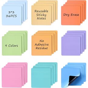 36pcs 3 x 3 Inch Reusable Magnetic Sticky Notes, Dry Erase Whiteboard Sticker, Multicolor Magnets Labels for Office, School, Fridge, Locker, Cabinet