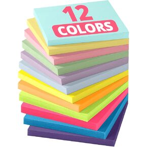 Sticky Notes, 12 Pads, Sticky Notes 3x3 Inches, Coloful Sticky Note Pads, Easy to Stick for School, Office and Home - Vibrant Colors