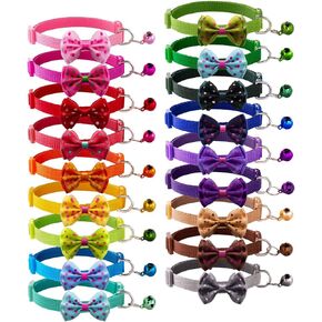 18Pcs Puppy Collars, Puppy ID Collars with Bell Adjustable 21-33cm, Polka Dot Bow Soft Nylon Whelping Identification Collars for Newborn Pets