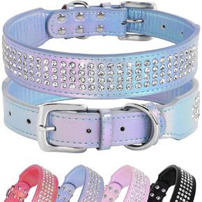 Beirui Bling Rhinestone Dog Collar with Diamonds Studded - Colorful PU Leather Padded 1.5 Inch Wide - Duarble Bedazzled Dog Collar for Medium Large Dogs,15-20",Blue