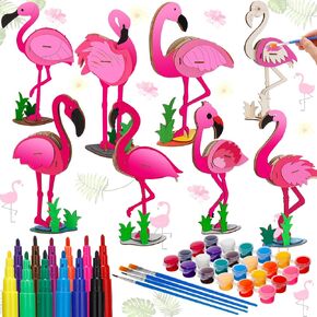 Blosssound 8 Sets 3D Wooden Flamingo Puzzle Craft Kit DIY Flamingo Centerpiece Summer Table Decoration Puzzle Set with Markers Pen Brush Paints for Beginners Wood Art Project Crafts, 8 Styles