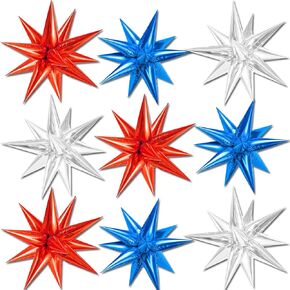 9 Pcs Red White and Blue Balloons,Independence Day American Explosion Spike Cone Stars Fireworks Foil Balloon Decorations 4th of July USA Patriotic Birthday Party Supplies for Memorial Day