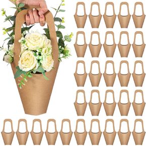 100 Packs Kraft Paper Flowers Gift Bags with Handle, 13.8'' Flowers Bouquet Holder for Wedding, Valentines Day Decoration, Florist Shop