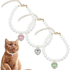 3 Pcs Pearl Cat Collar, Heart Shaped Rhinestone Pearl Dog Collar, Adjustable Dog Jewelry for Small Dogs, Suitable for Small Cats and Dogs Wedding Birthday Party
