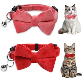 2 Pcs Cat Collars Breakaway with Bell and Removable Bow Tie Adjustable Kitten Collar Safety Buckle Small Puppy Bow Tie Solid Wedding Basic Color Bowtie for Kitten Cats Puppy