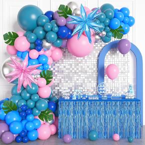 Amandir 157Pcs Pink Blue Balloon Arch Garland Kit with Table Skirt Purple Metallic Silver Foil Star Balloons Palm Leave for Kids Birthday Hawaii Tropical Baby Shower Cartoon Party Decorations Supplies