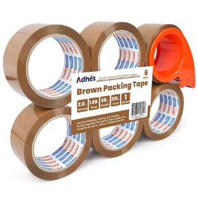 ADHES Brown Packing Tape with Dispenser, 2.6Mil, 1.88 Inch x 55 Yards, 6 Rolls Heavy Duty Shipping Tape for Moving Boxes, Packaging and Storage, Strong Adhesive