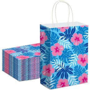 Kolldenn 24 Pcs Cute Cartoon Blue Pink Hibiscus Party Gift Bags Hawaiian Party Favors Paper Goodie Candy Bags with Handles for Hawaiian Tropical Birthday Baby Shower Supplies(Classic)