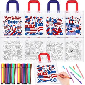 HOWAF 12pcs 4th of July Kids Activities Coloring Gift Bags with Paint Pens, USA Independence Day Candy Bags America Flags Fourth 4th of July Crafts for Kids