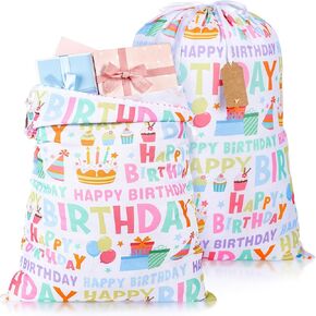 Pickmesh 2 Pcs Happy Birthday Drawstring Gift Bags 20 x 28 Inch Extra Large Baby Shower Bags Reusable Fabric Colorful Wrapping Pouches for Gender Reveal Supply Decor (Blue,Blue Birthday)