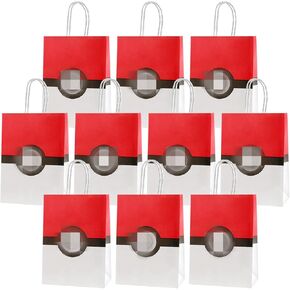 Kids Party Bags 10PCS Pocket Monster Kraft Paper Gift Tote With Handle - Cartoon Bags for Birthday Party Decorations, Gift Fillers, Reusable