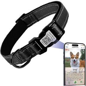 Apple Air Tag Compatible Anti-Lost Dog Collar with Scannable QR Code ID Tag | Reflective Safety | Comfort Fit & Adjustable | Durable Nylon for XXS to XL Dogs （Black s