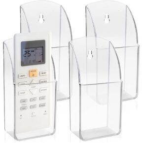4 PCS Plastic Remote Control Holder Clear Wall Mount Media Organizer Single Compartment Pen Holder for Wall Pencil Holder TV Remote Holder Wall Mount Storage Box for File Makeup Marker Brush Phone