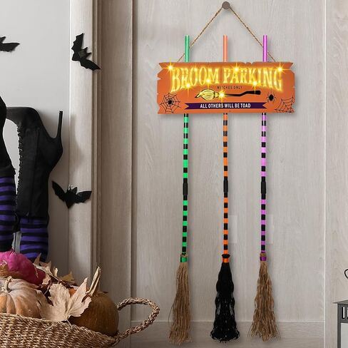 Pop Clap Halloween Decorations Door Broom Parking Sign Purple LED Lights Witches Broom Hocus Pocus for Porch Front Indoor Outdoor Hanging Wall Decor in Saudi Arabia