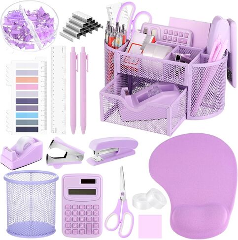 VAIPI 17 in 1 Pink Office Supplies Set Desk Organizers and Accessories with Mouse Pad, Calculator, Stapler, Tape Dispenser, Staples, Scissors, Pens, Sticky Notes, Page Markers for Office School Home in Saudi Arabia