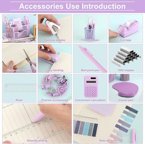 VAIPI 17 in 1 Pink Office Supplies Set Desk Organizers and Accessories with Mouse Pad, Calculator, Stapler, Tape Dispenser, Staples, Scissors, Pens, Sticky Notes, Page Markers for Office School Home in Saudi Arabia