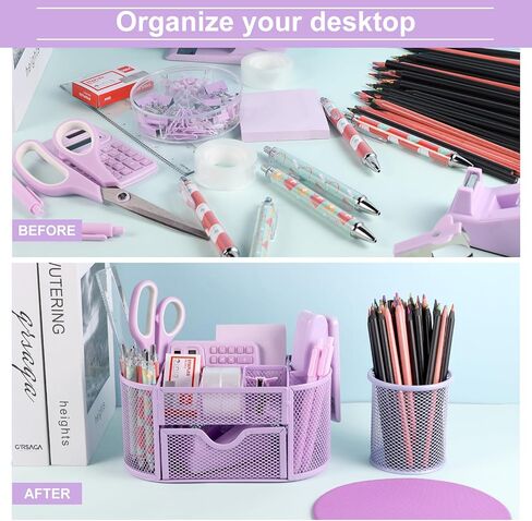 VAIPI 17 in 1 Pink Office Supplies Set Desk Organizers and Accessories with Mouse Pad, Calculator, Stapler, Tape Dispenser, Staples, Scissors, Pens, Sticky Notes, Page Markers for Office School Home in Saudi Arabia