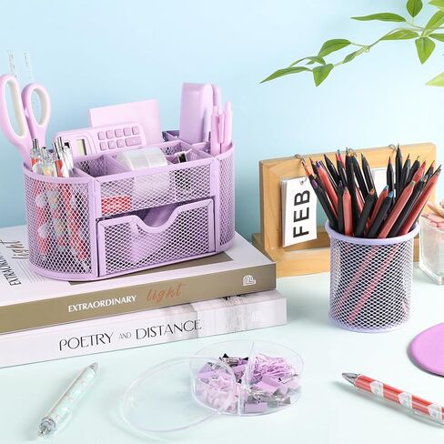 VAIPI 17 in 1 Pink Office Supplies Set Desk Organizers and Accessories with Mouse Pad, Calculator, Stapler, Tape Dispenser, Staples, Scissors, Pens, Sticky Notes, Page Markers for Office School Home in Saudi Arabia