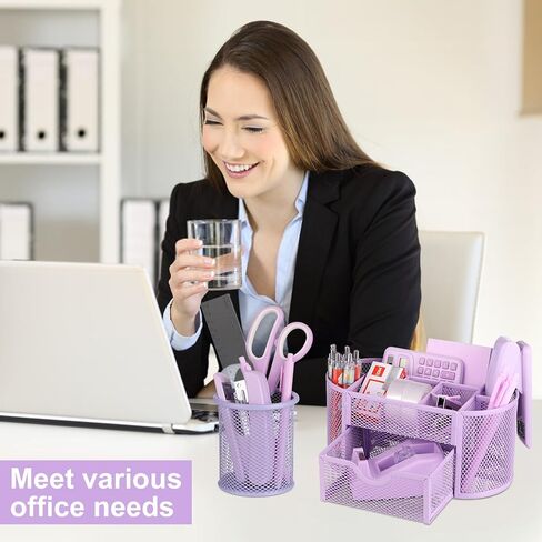 VAIPI 17 in 1 Pink Office Supplies Set Desk Organizers and Accessories with Mouse Pad, Calculator, Stapler, Tape Dispenser, Staples, Scissors, Pens, Sticky Notes, Page Markers for Office School Home in Saudi Arabia